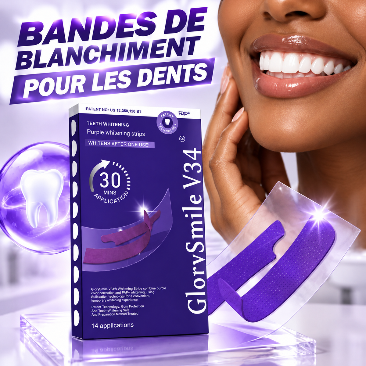 GlorySmile V34 Bandes de blanchiment dentaire ultra rapide — L'Éclat du Sourire ✨